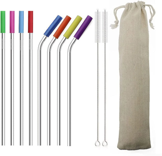 Metal Drinking Reusable Stainless Steel Party Straws Durable Easy Clean Set of 10 | Eco-Friendly Smoothie & Cocktail Straw Set