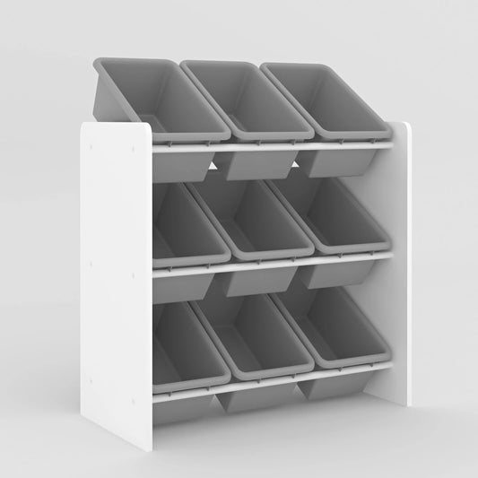 Children toy storage unit with 9 removable plastic bins and shelves for nursery and playroom organization