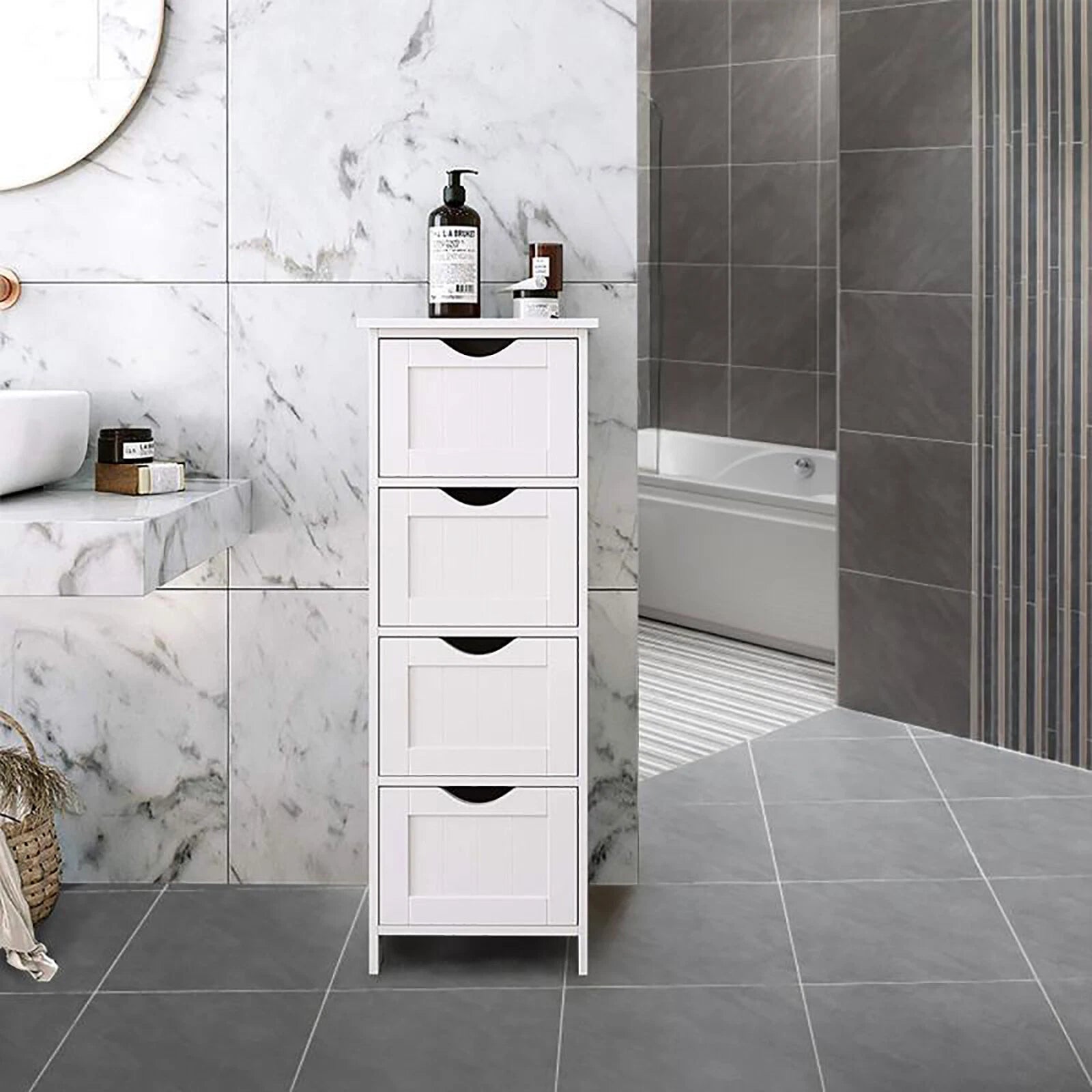 White 4 drawer bathroom cabinet free standing storage cupboard for living room and home organization