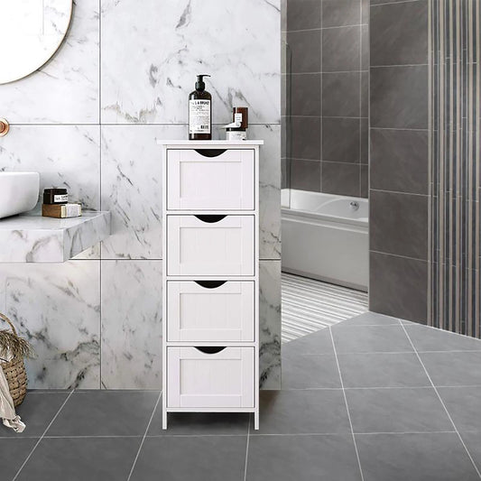 White 4 drawer bathroom cabinet free standing storage cupboard for living room and home organization