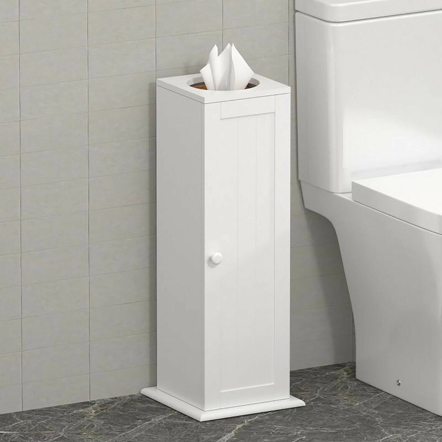 White free standing toilet paper roll holder stand with wooden bathroom storage cabinet organizer