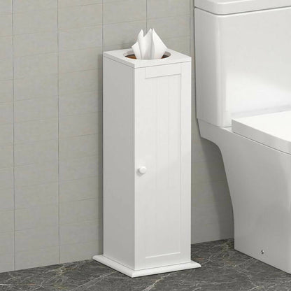White free standing toilet paper roll holder stand with wooden bathroom storage cabinet organizer