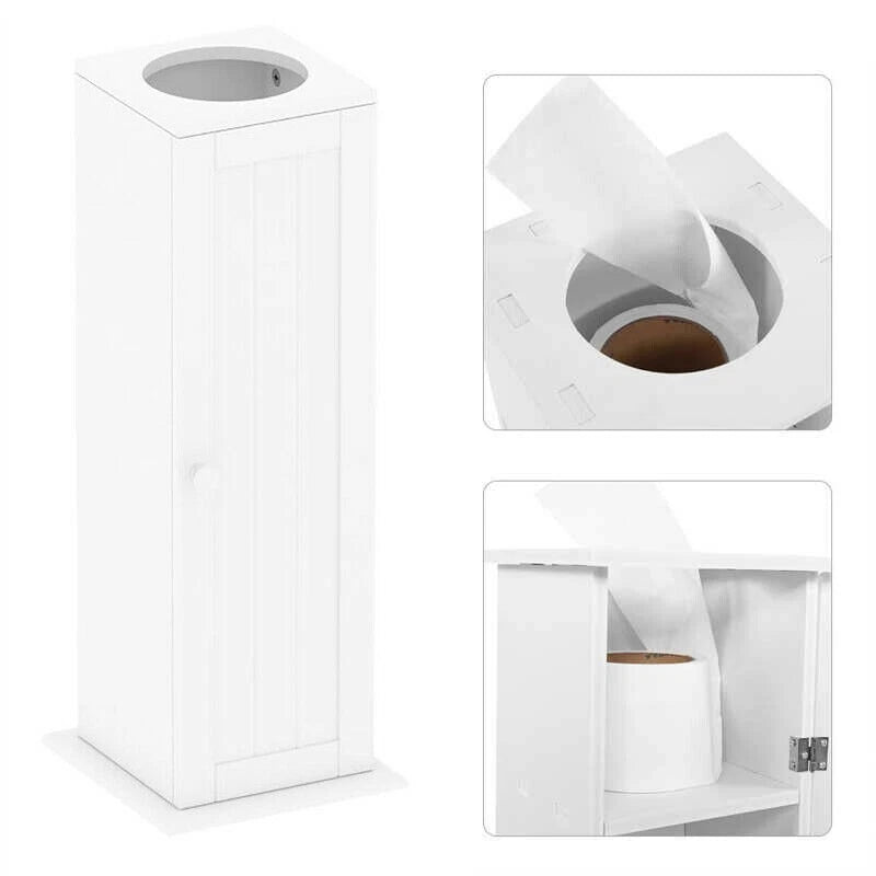 White free standing toilet paper roll holder stand with wooden bathroom storage cabinet organizer-2
