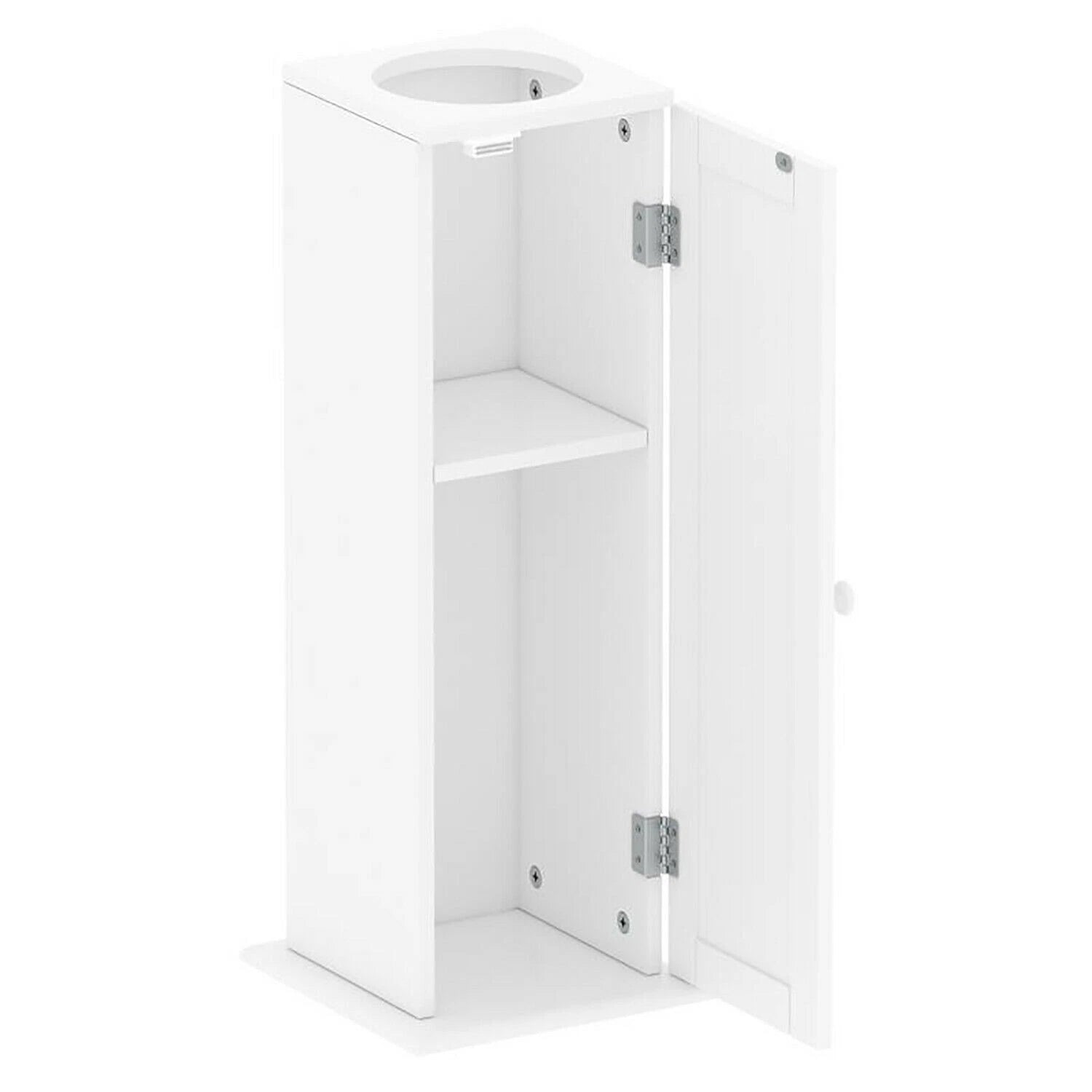White free standing toilet paper roll holder stand with wooden bathroom storage cabinet organizer