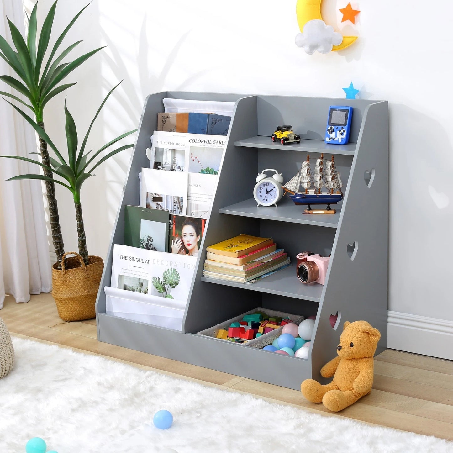 4 tier grey wooden kids sling bookshelf with 5 layer baby book storage rack for nursery and playroom-2