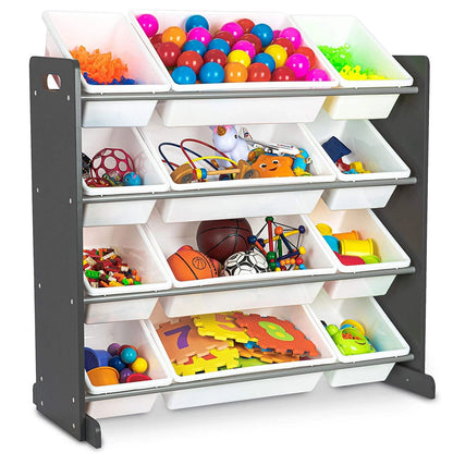 4 tier kids toy storage unit with 12 boxes and shelves for bedroom nursery and playroom organization