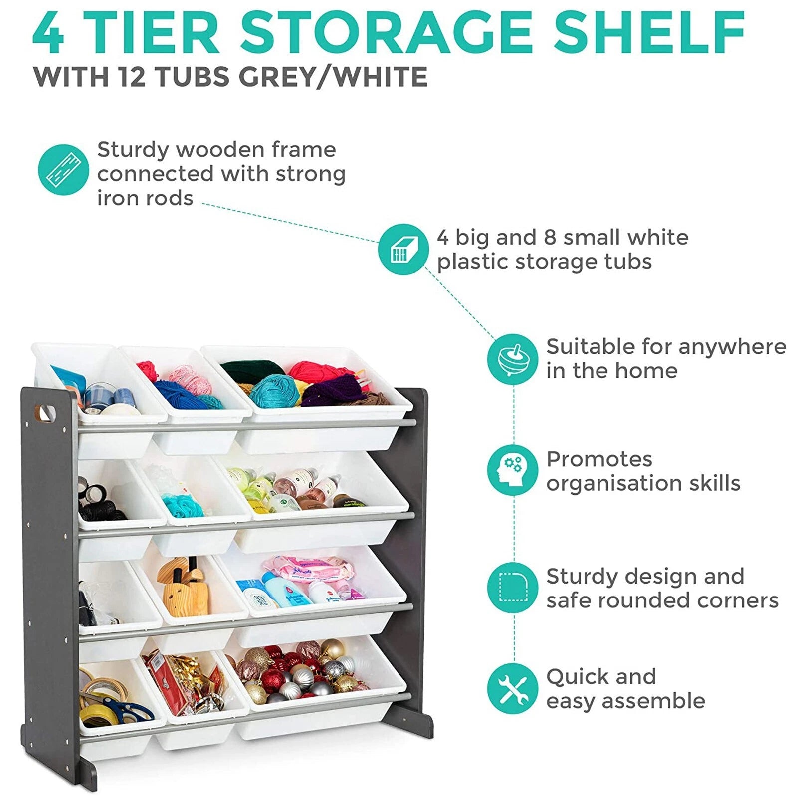 4 tier kids toy storage unit with 12 boxes and shelves for bedroom nursery and playroom organization-3