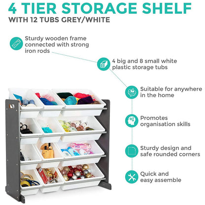 4 tier kids toy storage unit with 12 boxes and shelves for bedroom nursery and playroom organization-3