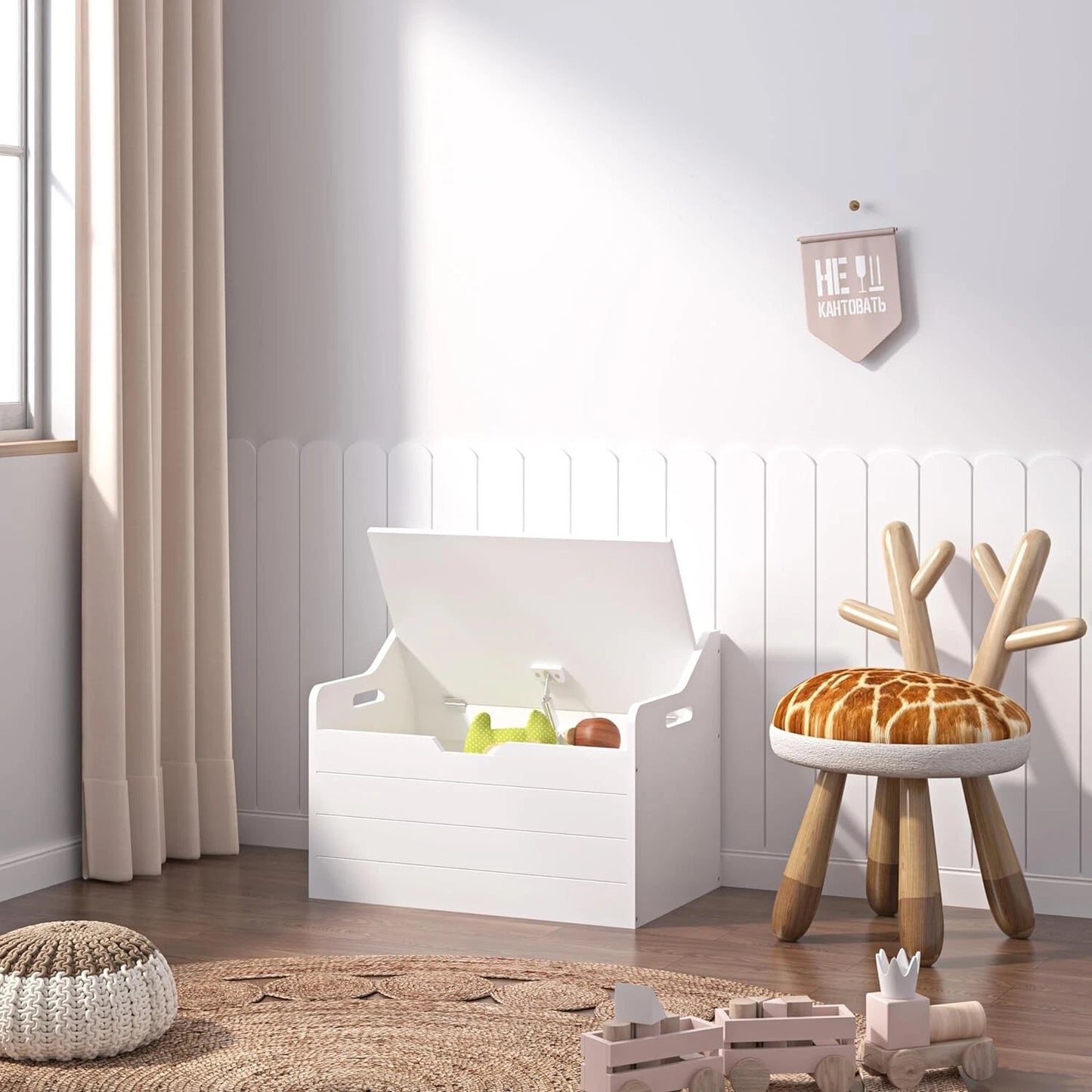 Wooden kids toy box storage chest bench with safety hinged lid for nursery and playroom organization-1