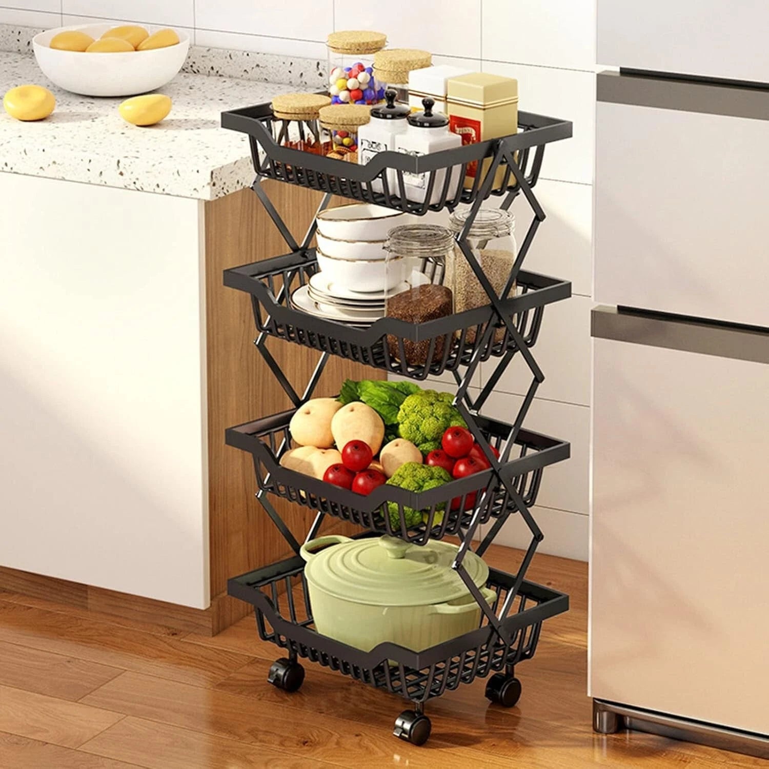 4 tier rotating kitchen storage trolley cart mobile vegetable shelf rack organizer with wheels-3