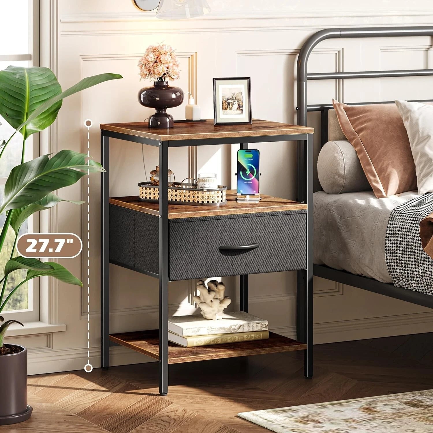 1 drawer bedside table with charging station outlet and 2 USB ports wooden nightstand storage cabinet-1