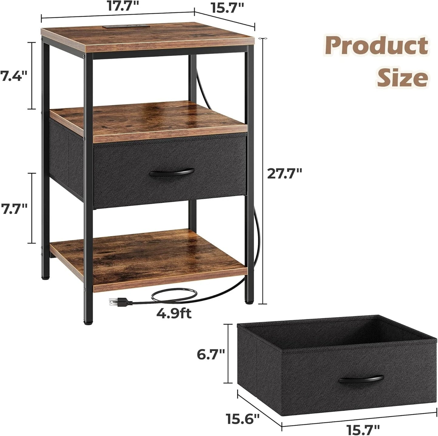 1 drawer bedside table with charging station outlet and 2 USB ports wooden nightstand storage cabinet-2