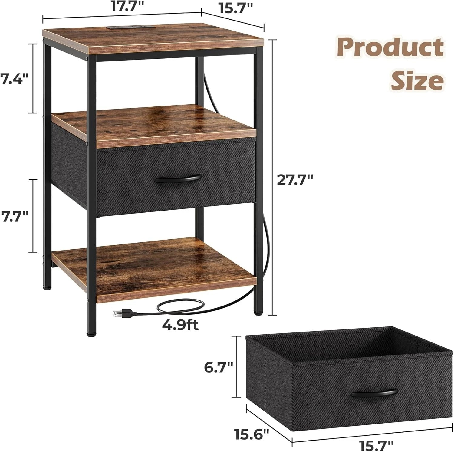1 drawer bedside table with charging station outlet and 2 USB ports wooden nightstand storage cabinet-2