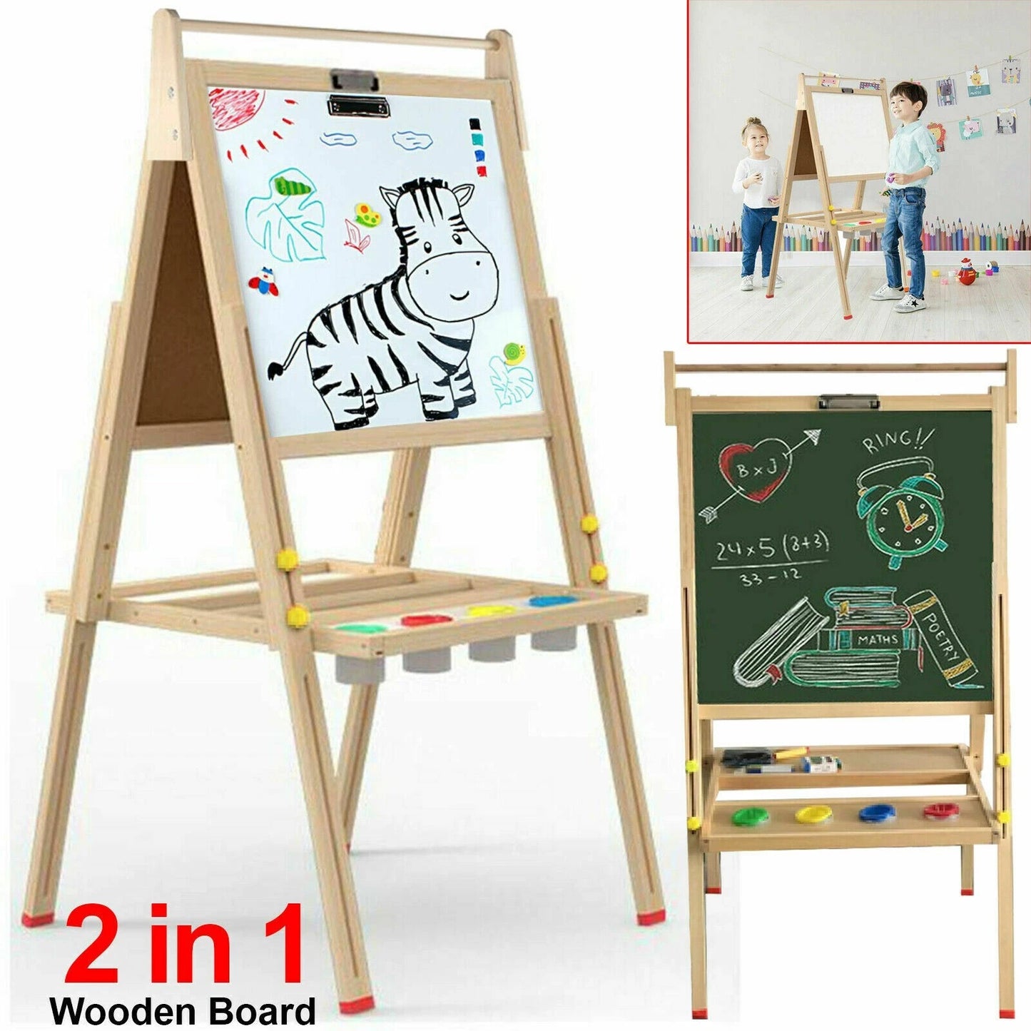 2 in 1 kids wooden easel blackboard whiteboard drawing art chalk board adjustable children learning stand