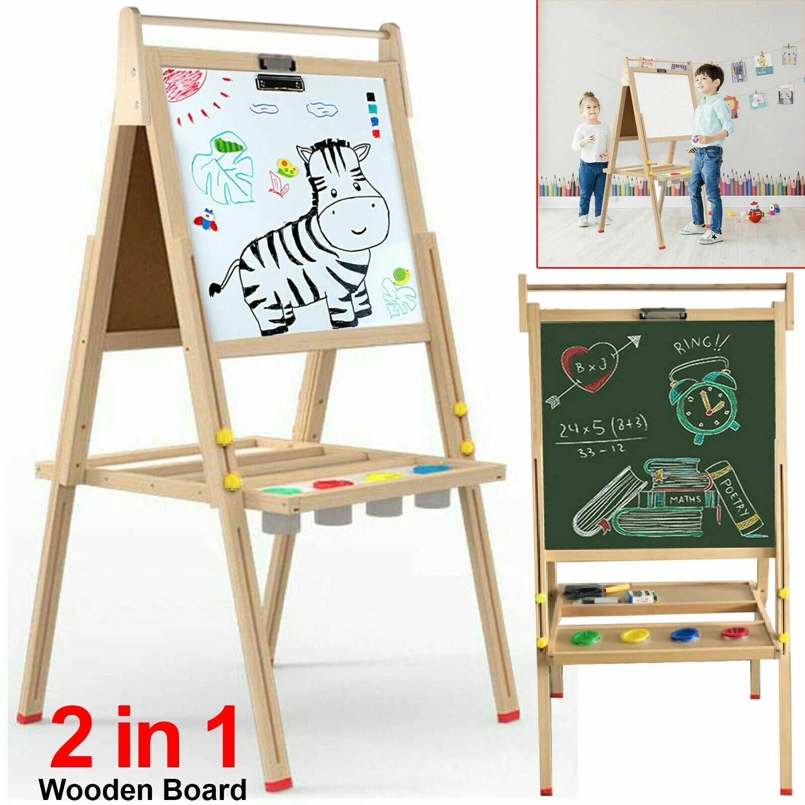 2 in 1 kids wooden easel blackboard whiteboard drawing art chalk board adjustable children learning stand