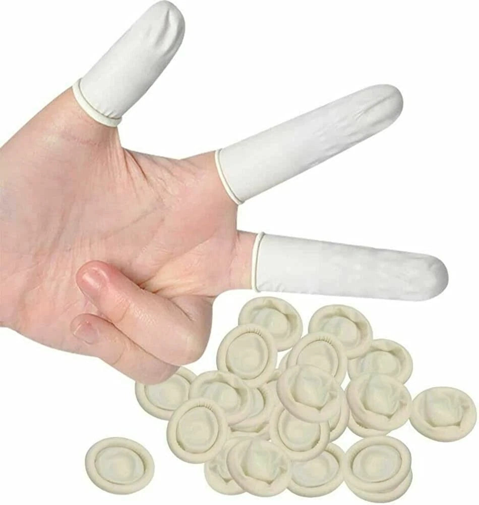 100 piece disposable latex finger cots rubber fingertip covers for protection cleaning electronics and precision work