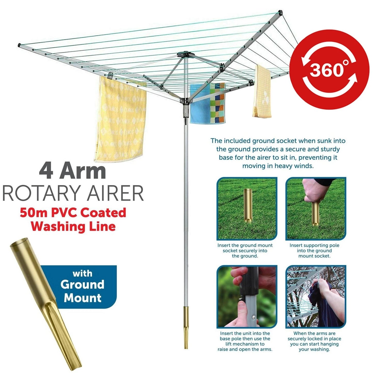 4 arm rotary airer outdoor washing line clothes dryer with ground spike and protective cover for garden laundry drying-2