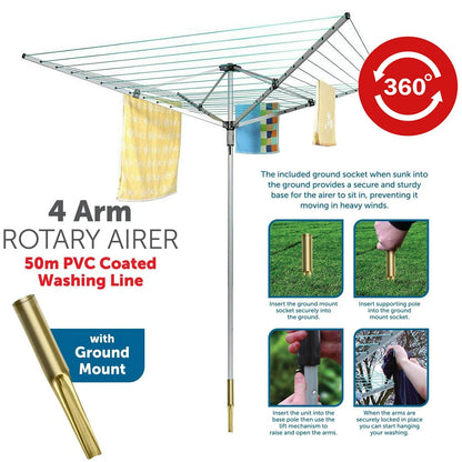 4 arm rotary airer outdoor washing line clothes dryer with ground spike and protective cover for garden laundry drying-2
