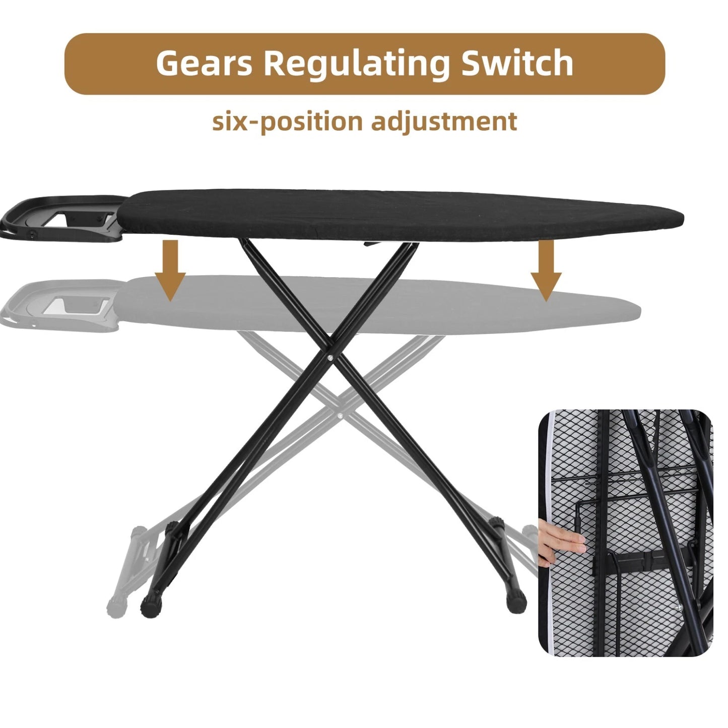 Lightweight folding ironing board 120cm x 40cm with adjustable height and non-slip feet for home laundry use