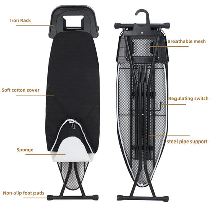 Lightweight folding ironing board 120cm x 40cm with adjustable height and non-slip feet for home laundry use