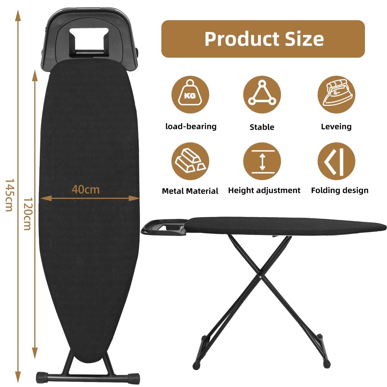 Lightweight folding ironing board 120cm x 40cm with adjustable height and non-slip feet for home laundry use