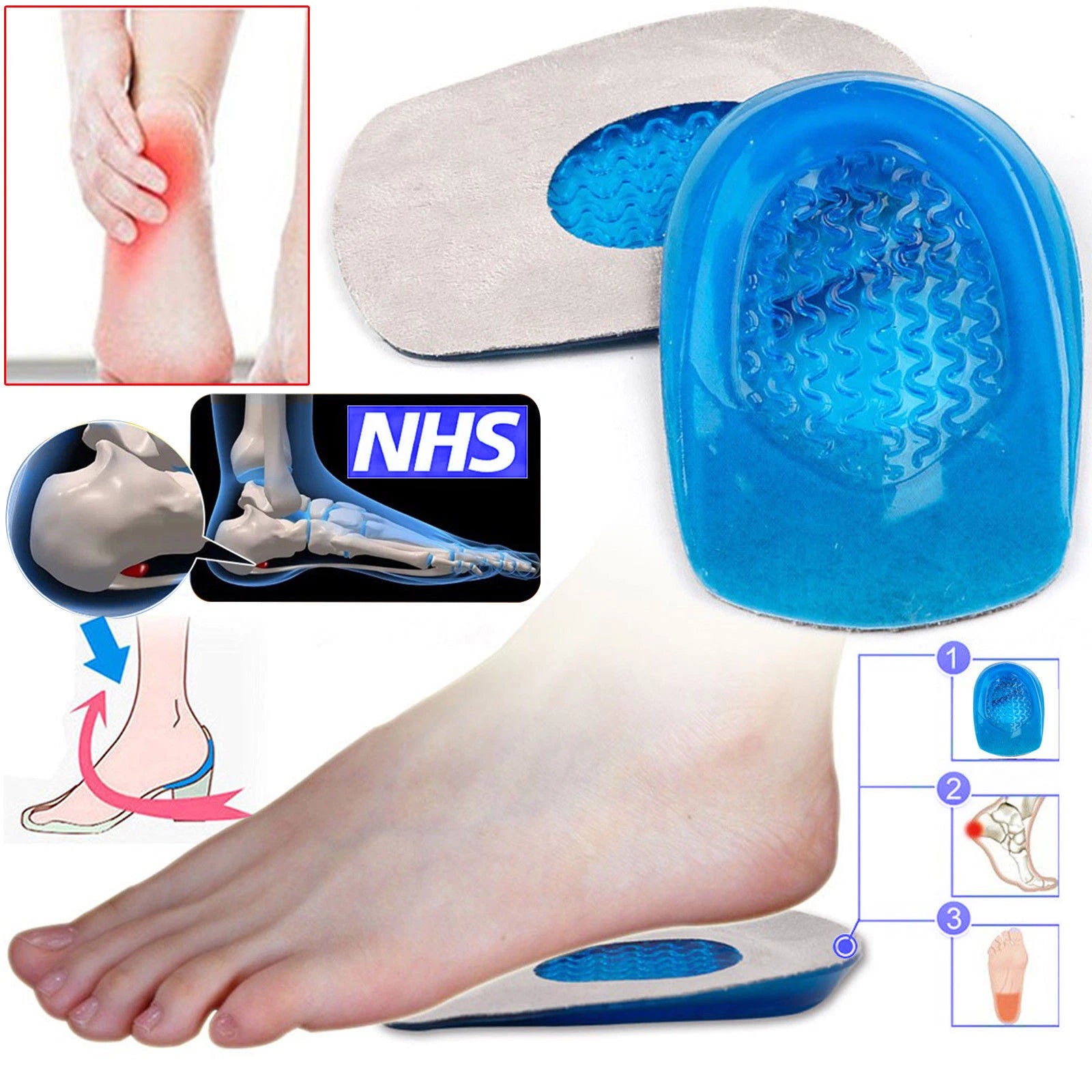 Gel heel inserts shoe pads for plantar fasciitis and foot pain relief support-5
