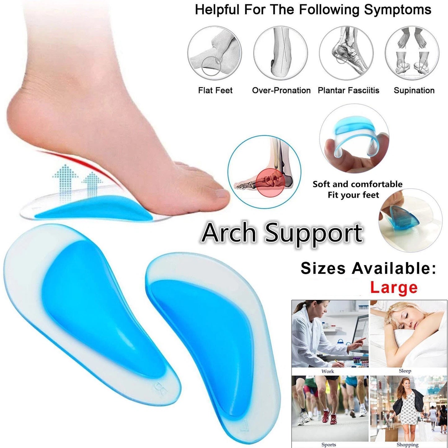 Orthopedic gel arch support insoles for flat feet and plantar fasciitis relief-2