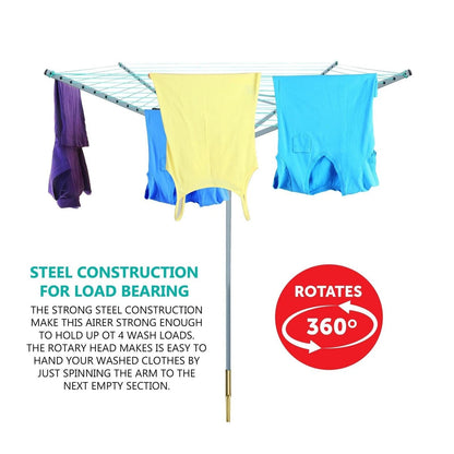 4 arm rotary airer outdoor washing line clothes dryer with ground spike and protective cover for garden laundry drying