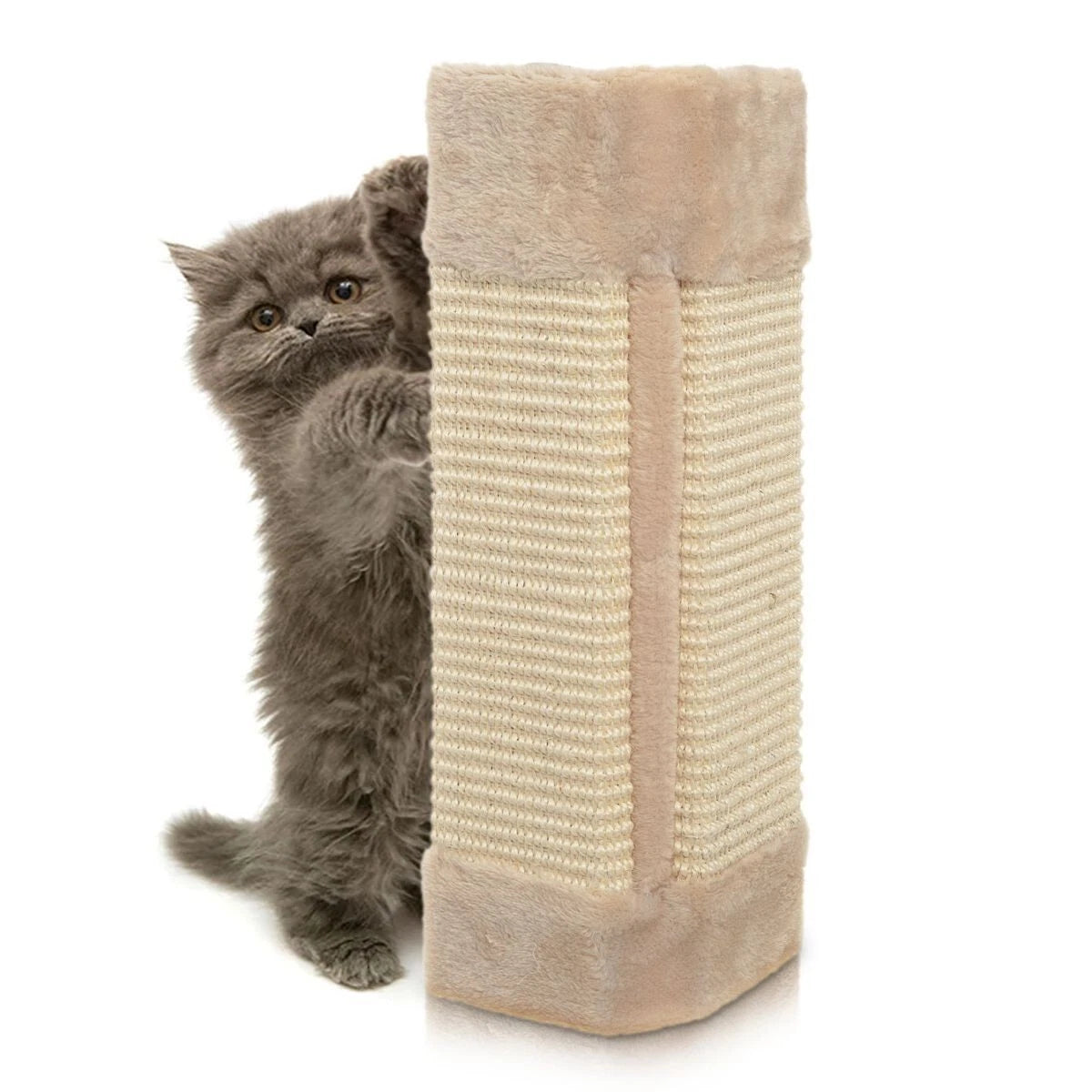 Natural sisal corner cat scratching post mounted on a white wall with a tabby cat scratching it-1