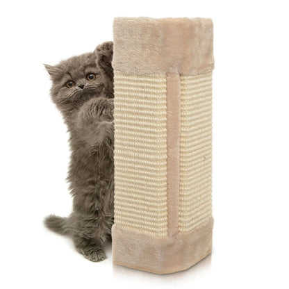 Natural sisal corner cat scratching post mounted on a white wall with a tabby cat scratching it-1