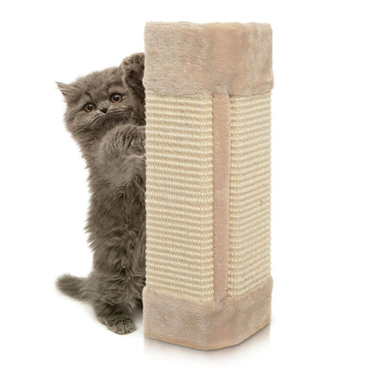 Natural sisal corner cat scratching post mounted on a white wall with a tabby cat scratching it-1