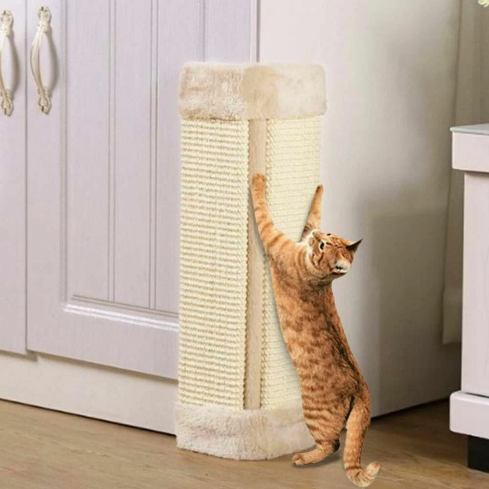 Natural sisal corner cat scratching post mounted on a white wall with a tabby cat scratching it-3