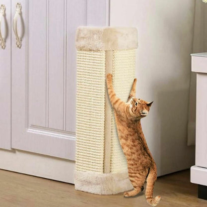Natural sisal corner cat scratching post mounted on a white wall with a tabby cat scratching it-3