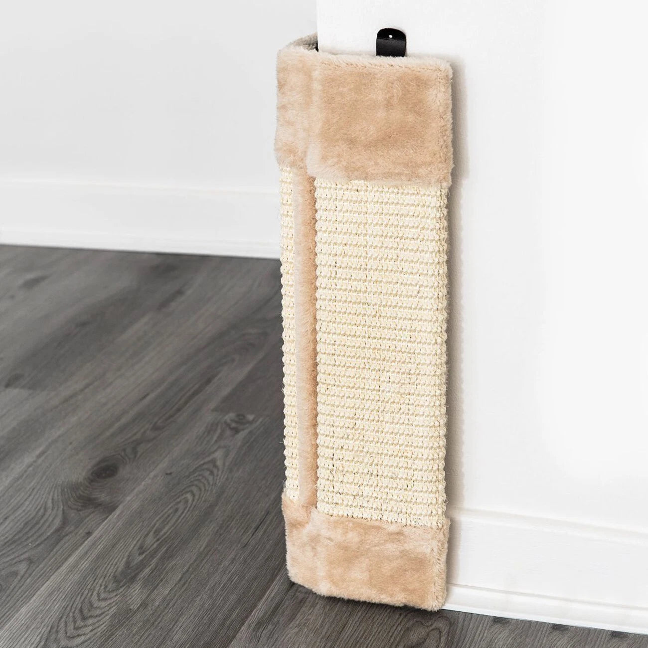 Natural sisal corner cat scratching post mounted on a white wall with a tabby cat scratching i-4