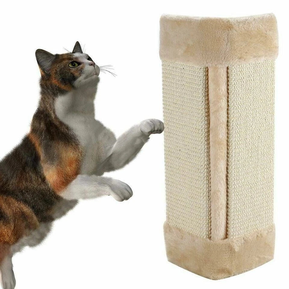 Natural sisal corner cat scratching post mounted on a white wall with a tabby cat scratching it-5