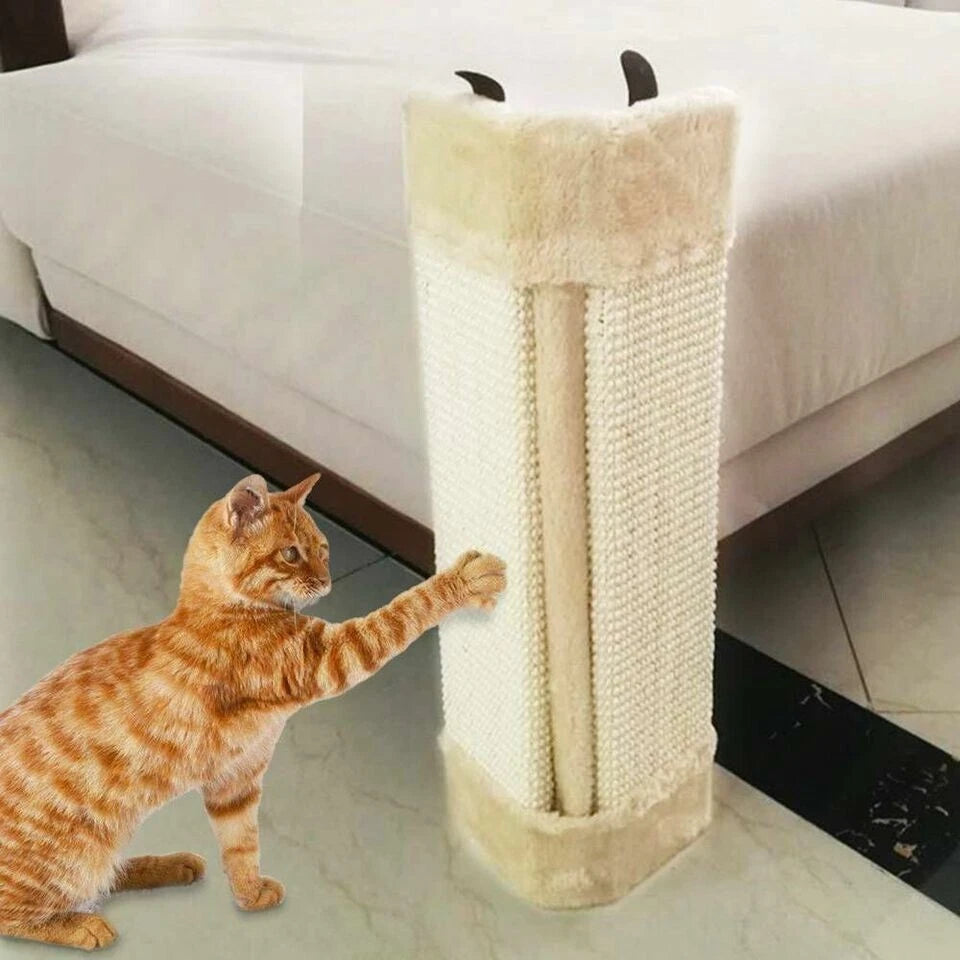 Natural sisal corner cat scratching post mounted on a white wall with a tabby cat scratching it-6