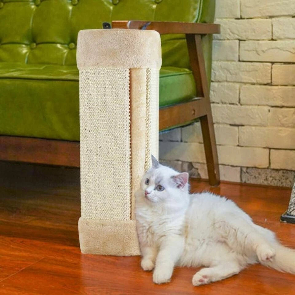 Natural sisal corner cat scratching post mounted on a white wall with a tabby cat scratching it-7