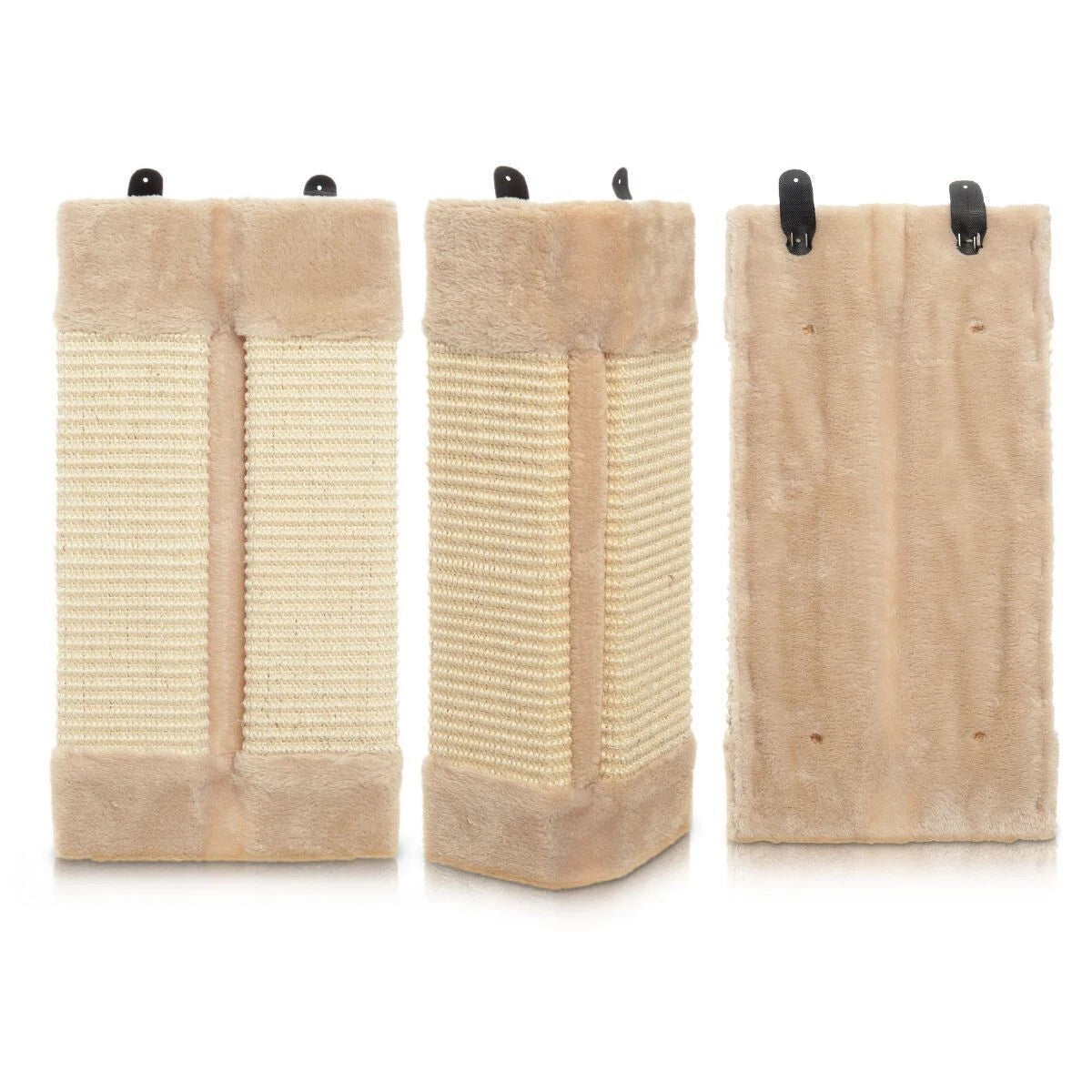Natural sisal corner cat scratching post mounted on a white wall with a tabby cat scratching it-8