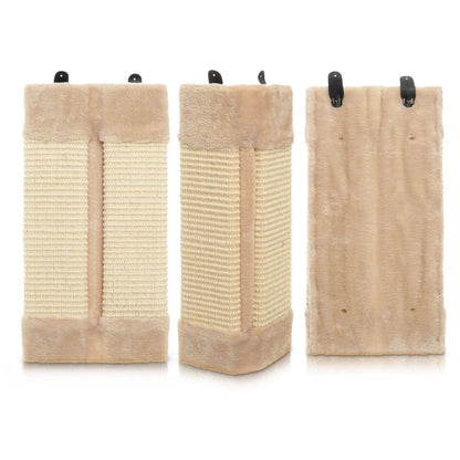 Natural sisal corner cat scratching post mounted on a white wall with a tabby cat scratching it-8