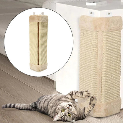 Natural sisal corner cat scratching post mounted on a white wall with a tabby cat scratching it-10