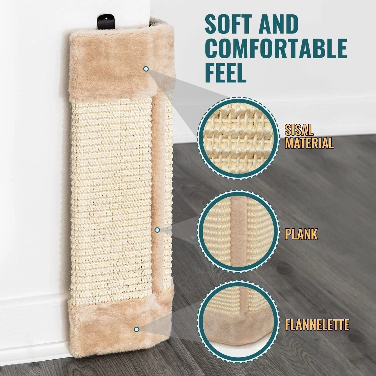 Natural sisal corner cat scratching post mounted on a white wall with a tabby cat scratching it-11