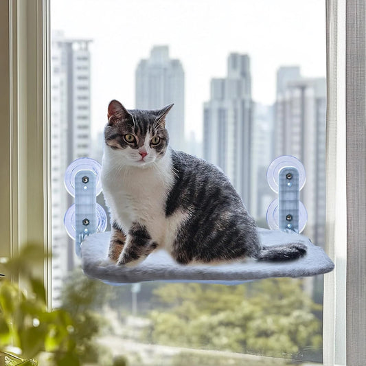 Orange tabby cat lounging on a folding window perch hammock bed attached to a glass window with 4 suction cups-1