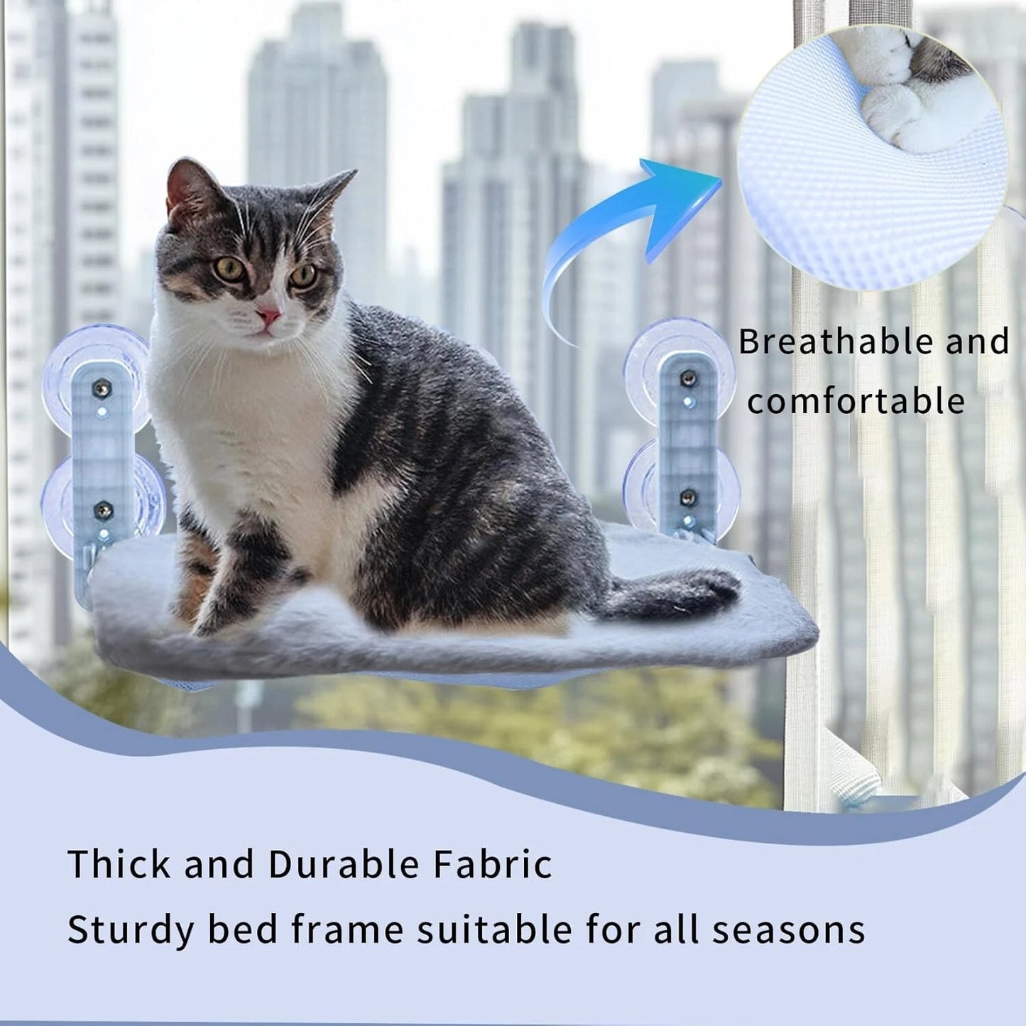 Orange tabby cat lounging on a folding window perch hammock bed attached to a glass window with 4 suction cups-2