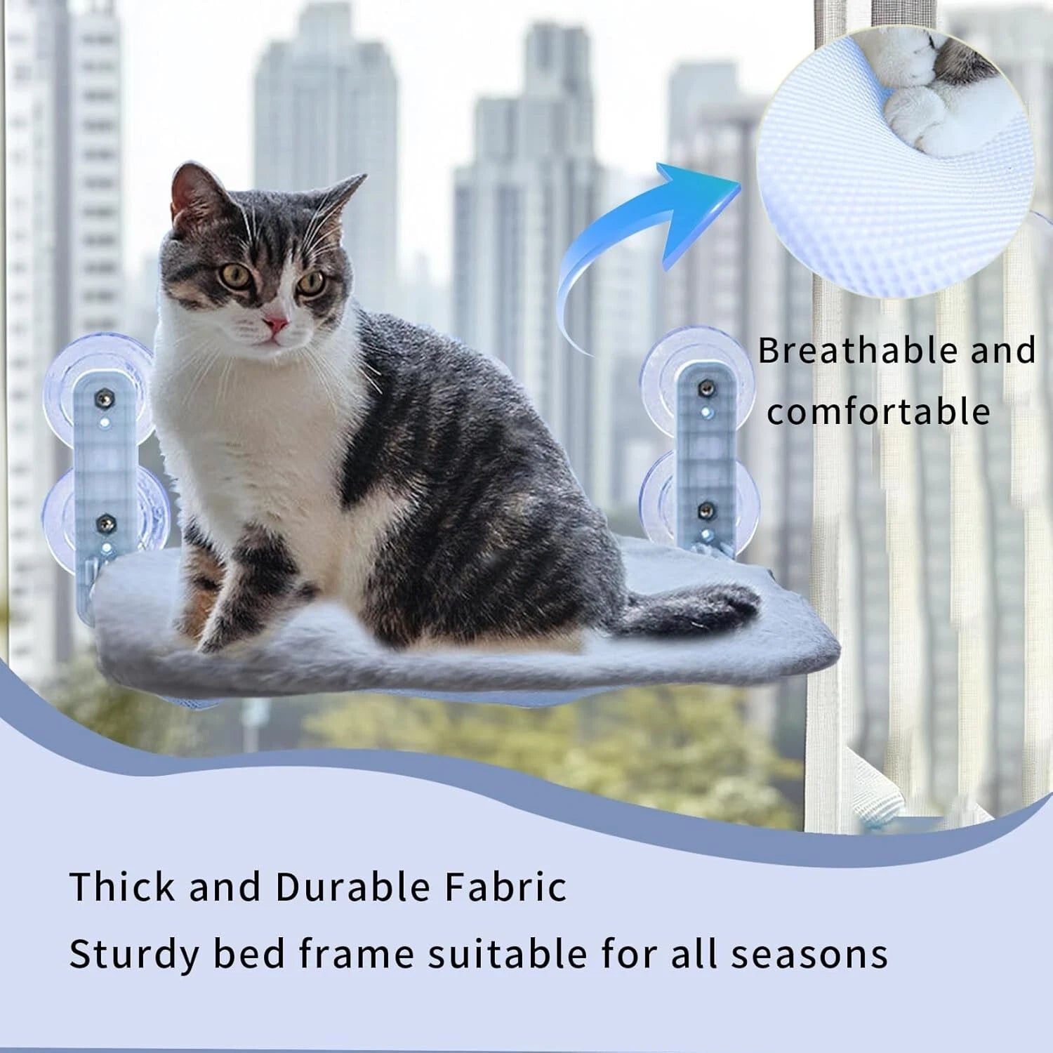 Orange tabby cat lounging on a folding window perch hammock bed attached to a glass window with 4 suction cups-2