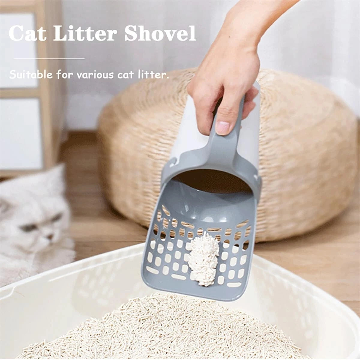 Cat litter scoop with detachable deep shovel holder, poop sifting slots, and 120 bin bags for hygienic daily litter box cleaning