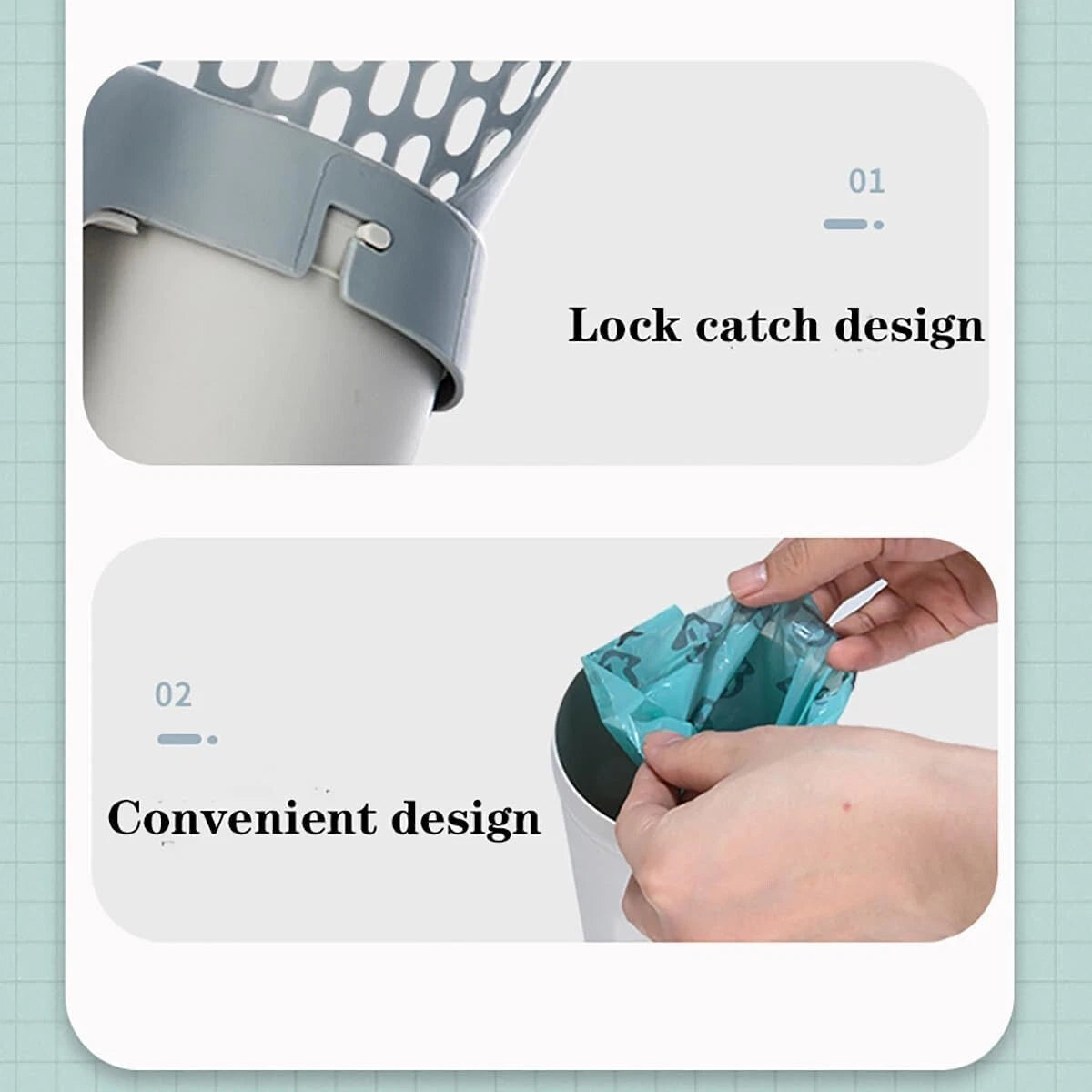 Cat litter scoop with detachable deep shovel holder, poop sifting slots, and 120 bin bags for hygienic daily litter box cleaning