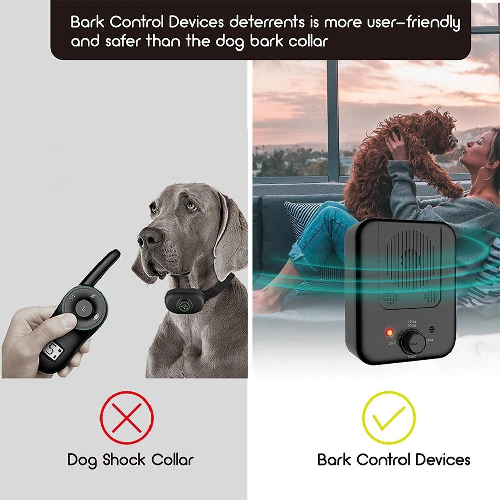 Handheld ultrasonic anti barking device pointed at a barking dog outdoors showing 3-level control button-4
