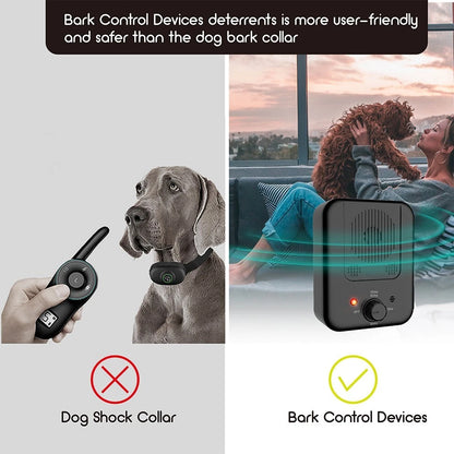 Handheld ultrasonic anti barking device pointed at a barking dog outdoors showing 3-level control button-4