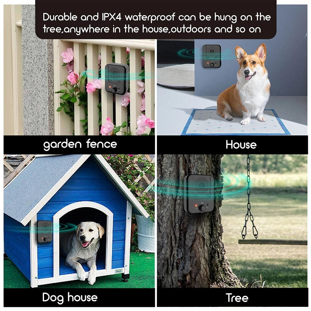 Handheld ultrasonic anti barking device pointed at a barking dog outdoors showing 3-level control button-2