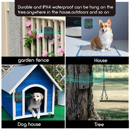Handheld ultrasonic anti barking device pointed at a barking dog outdoors showing 3-level control button-2